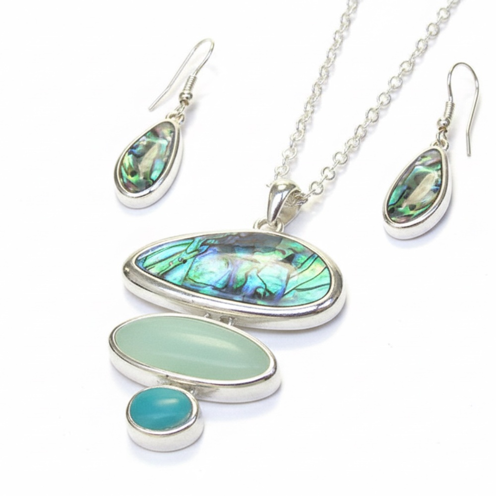Womens Silver Pendant Necklace Earring Set 18" Sea Glass Abalone Jewelry Set‎